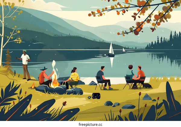 Friends Camping By The Lake With Bonfire