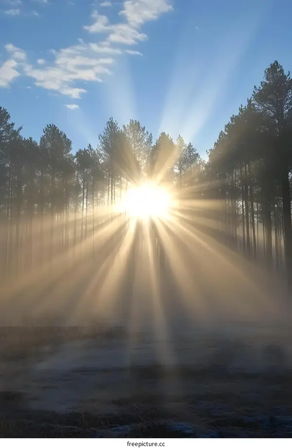 Sunbeams Through the Trees on a Foggy Morning