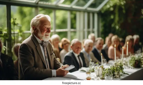 An elderly man giving a speech at a wedding reception