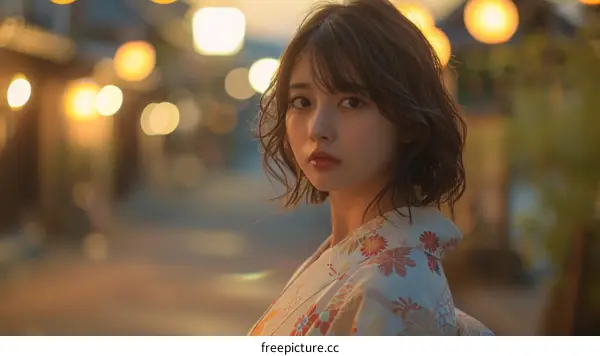 Asian Woman in Kimono at Night