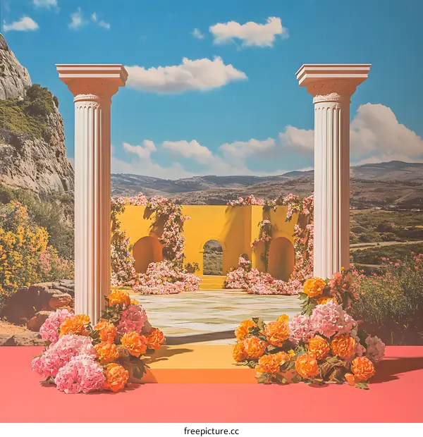 White Pillars with Flowers and a Yellow Wall