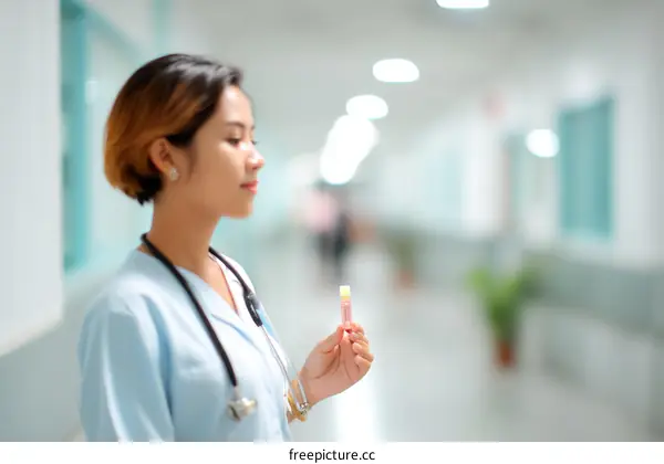 Asian female doctor holding blood sample tube in hospital corridor