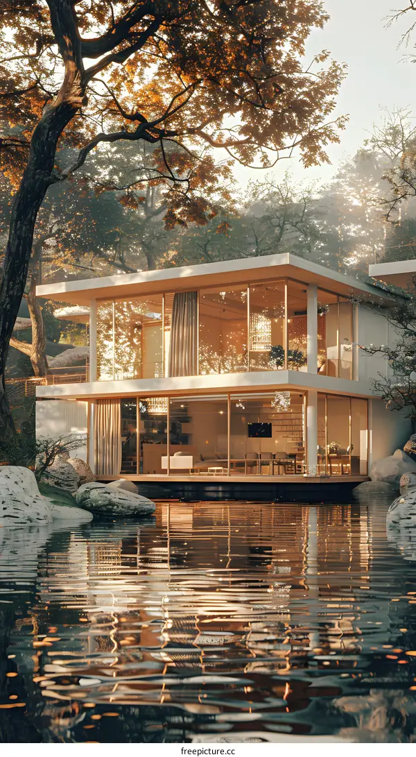 Modern lakeside house with large glass windows reflecting the tranquil water and trees