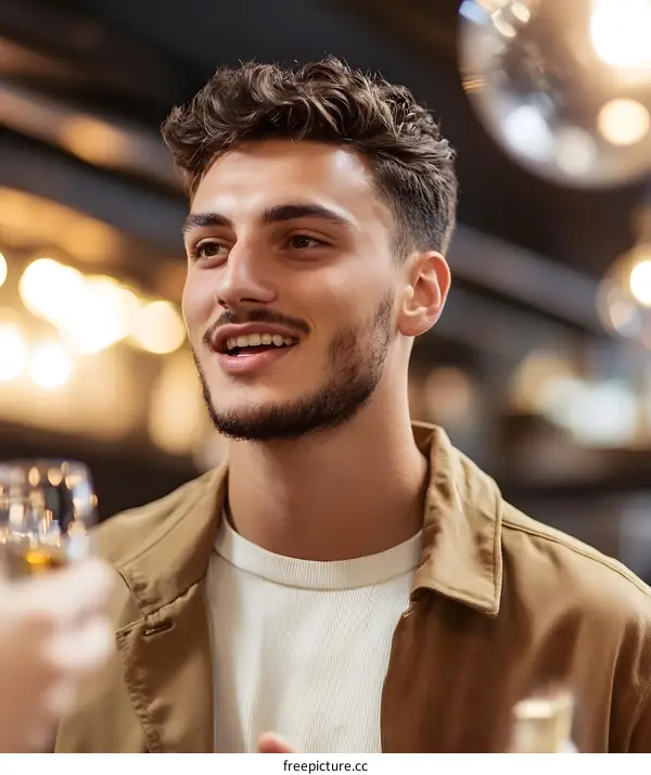 Smiling Young Man with Brown Hair in a Bar