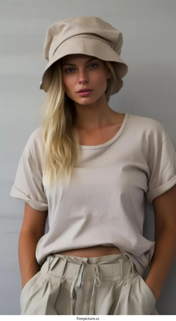 Portrait of a young blonde woman wearing a beige hat and shirt