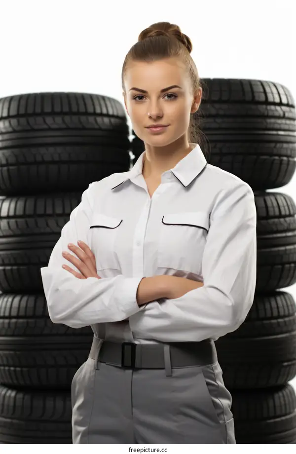 Portrait of a female mechanic standing in front of a stack of tires