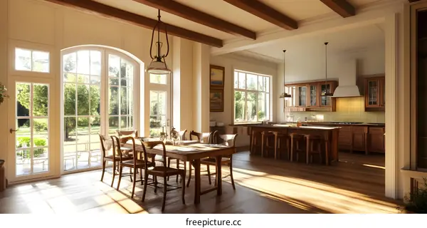 Modern Kitchen Design With Large Windows And Wooden Beams