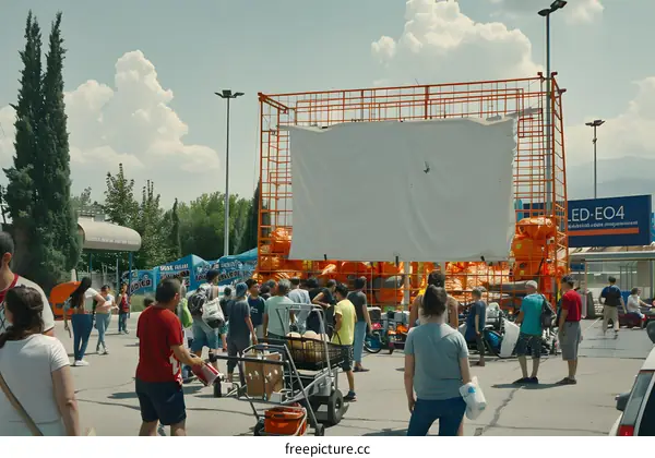 People Gathering Around a Large White Screen at an Outdoor Event