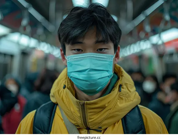 A young man wearing a mask on a crowded train
