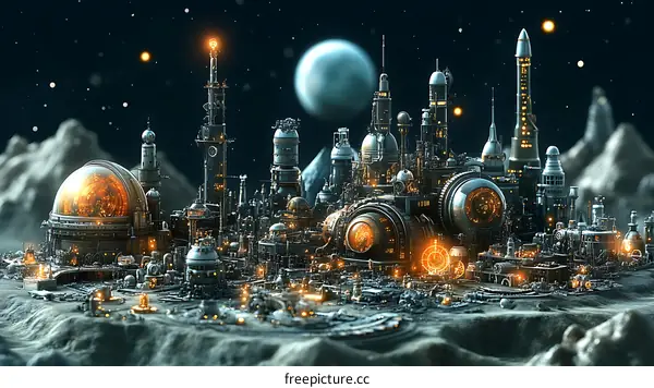 Steampunk Lunar Cityscape Illustration