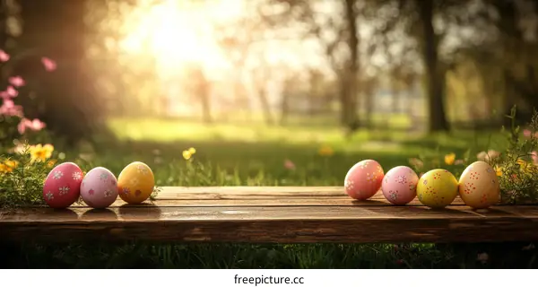 Easter Eggs on Wooden Table in Spring Garden