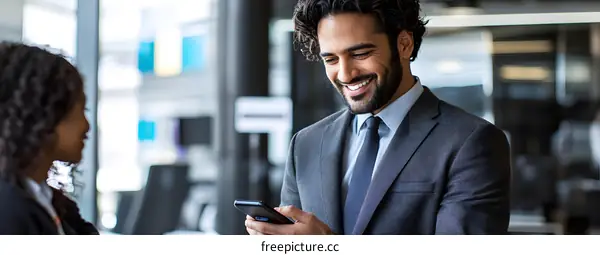 Smiling Businessman Looking at Phone in Office