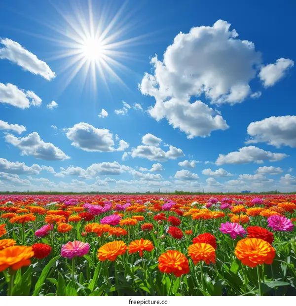Field of colorful flowers under a bright blue sky