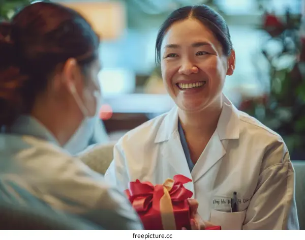 A female doctor is giving a gift to a patient.