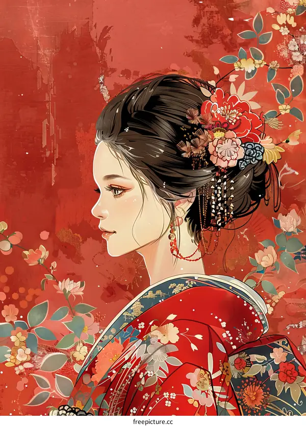 An illustration of a Japanese woman in traditional dress