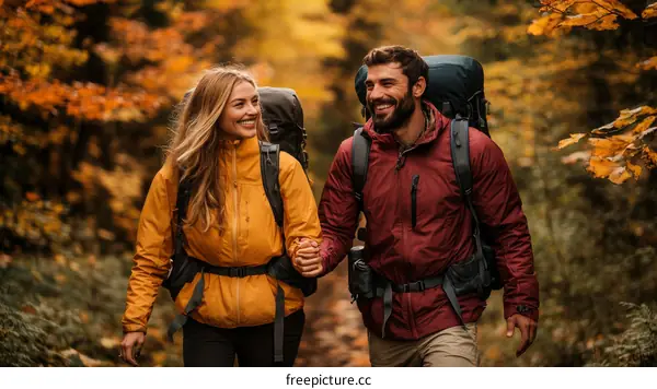 Couple Hiking in Autumn Forest Pathway