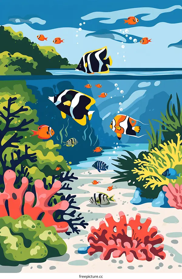 Colorful Underwater World With Fish And Coral Reef