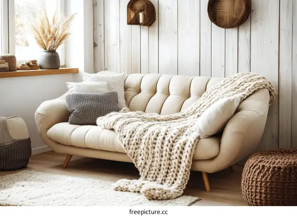 Cozy Living Room with Beige Sofa and Knitted Throw