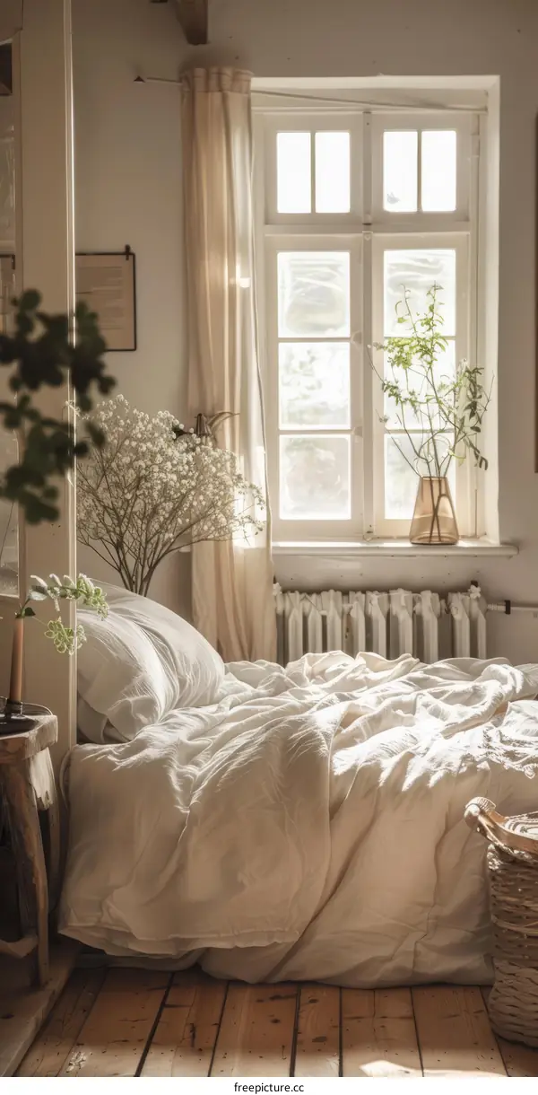 Bedroom with large window and white linens