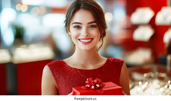 Smiling Woman Holding a Red Gift Box in a Jewelry Store