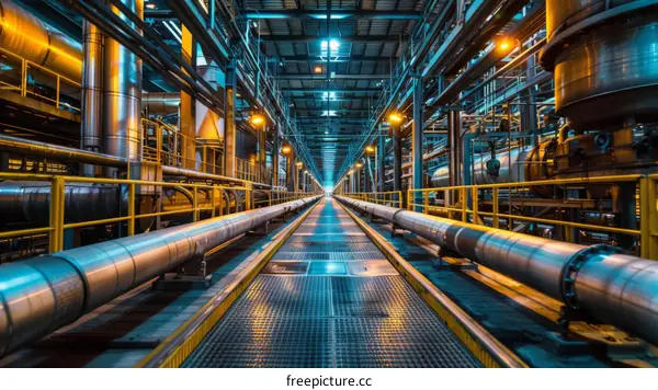 Industrial Factory Interior with Yellow Pipes and Catwalks