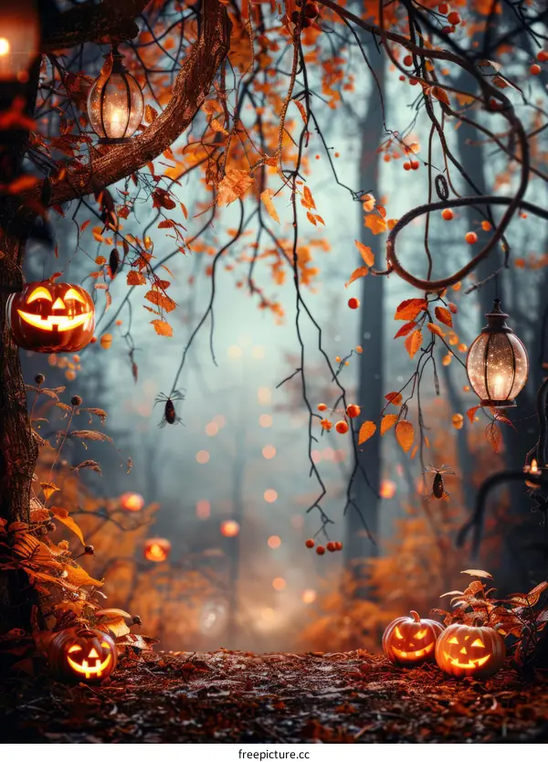 Halloween pumpkins in a spooky forest