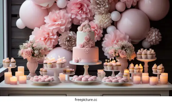 Lavish pink and white birthday party dessert table
