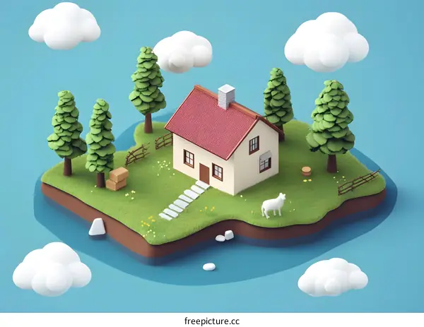 3D Minimalist Illustration of a House on an Island with Clouds