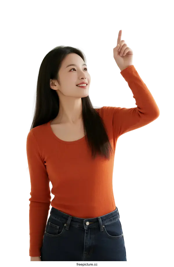 [Transparent Background PNG]Young woman in orange top pointing upwards with her finger