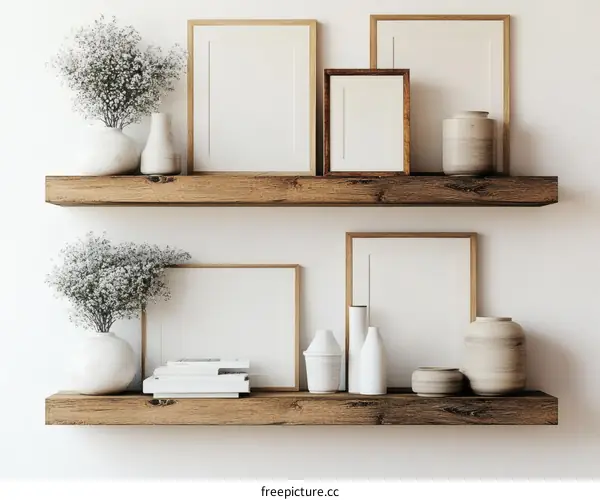 Wooden Shelves with Decorations and Frames