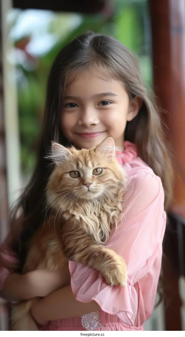 A girl is hugging an orange cat