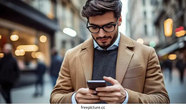 Urban Man Using Smartphone in City