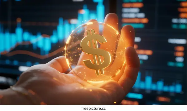 Hand Holding Glowing Dollar Coin with Stock Market Background