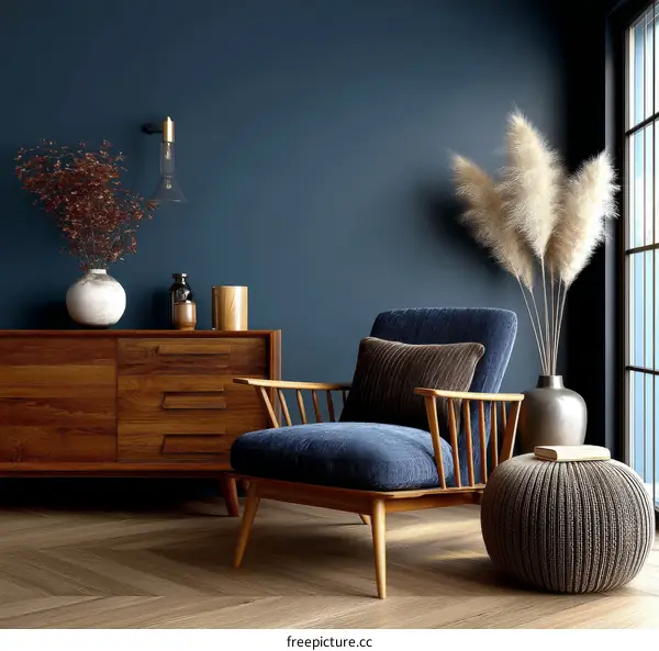 Modern Living Room Interior Design with Dark Blue Accent