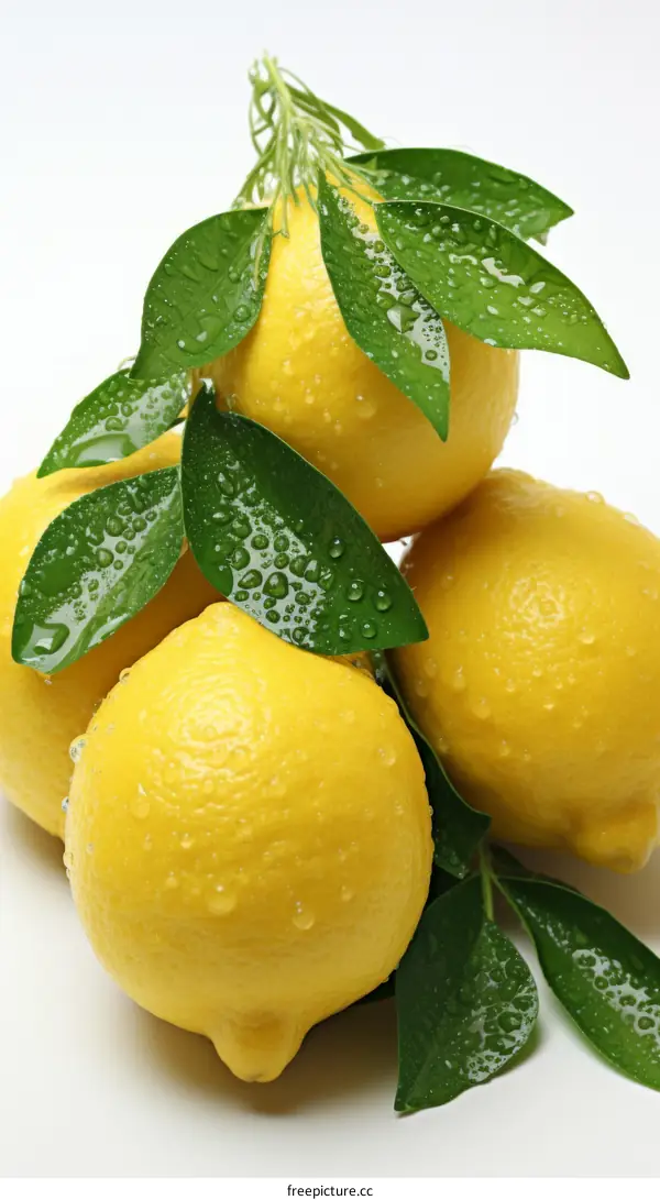Four lemons with green leaves