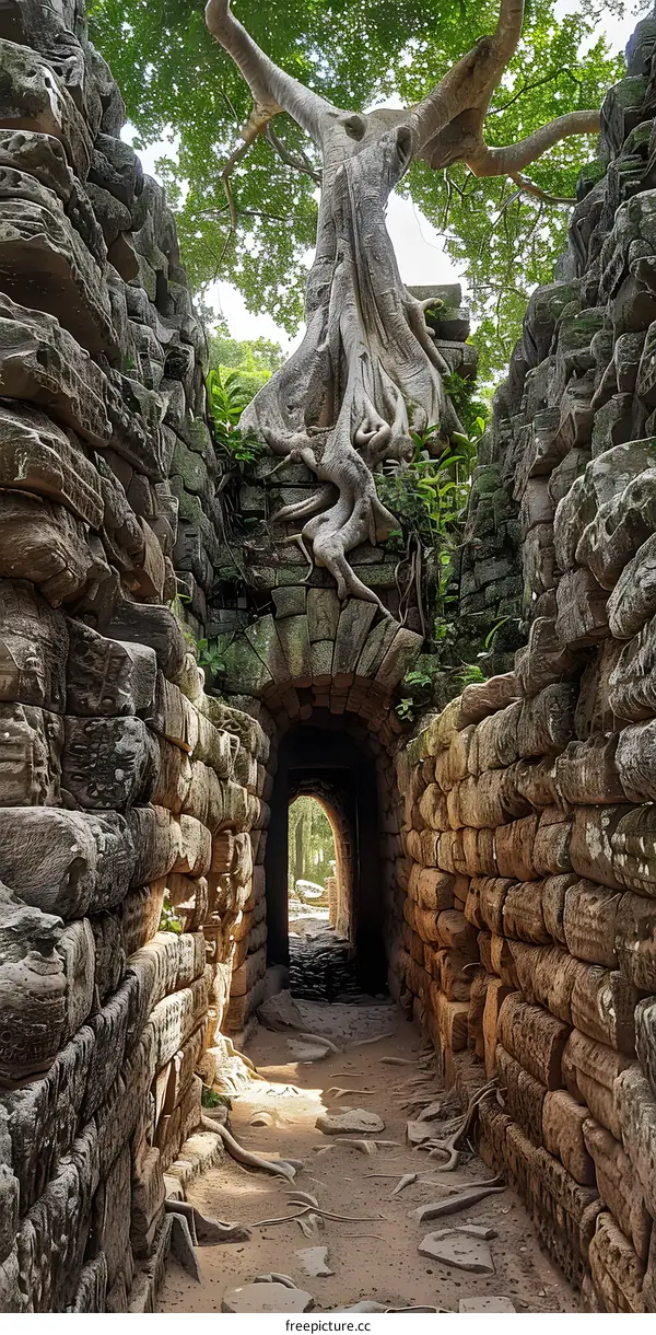 Tree Roots Growing Through Ancient Stone Archway
