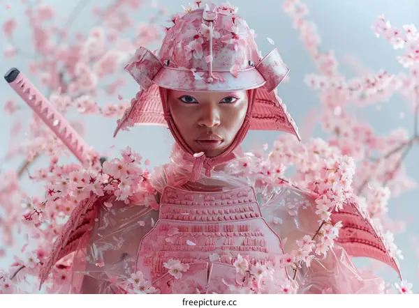 Black woman wearing a pink samurai armor with cherry blossoms