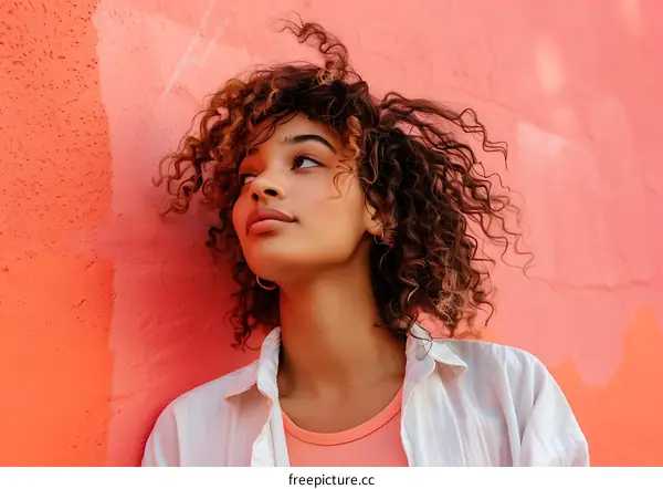 Young Woman with Curly Hair Looking Up Against Pink Wall