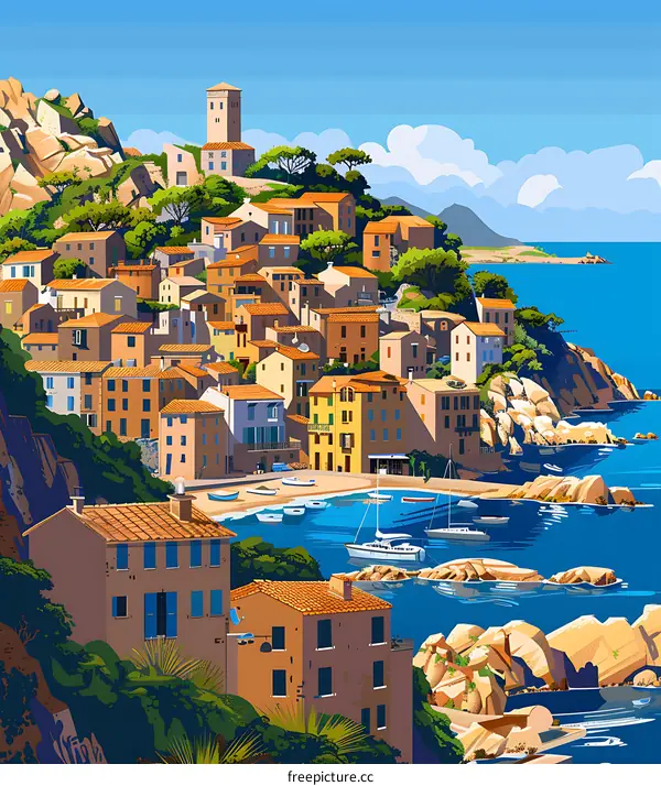 Colorful Illustration Of Coastal Town With Buildings