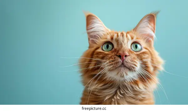 A ginger cat looking up with green eyes