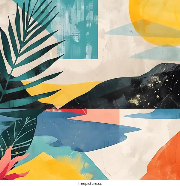 Abstract Landscape with Palm Leaves and Sun