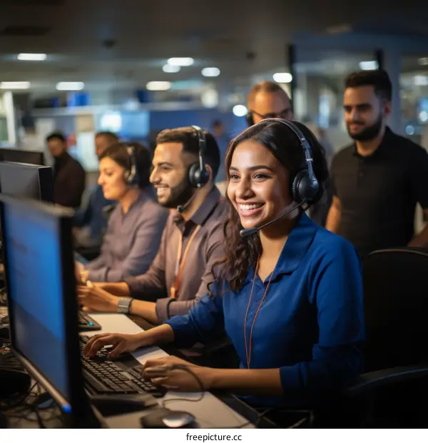 A group of multi-ethnic call center employees wearing headsets and working at their computers in a busy office environment