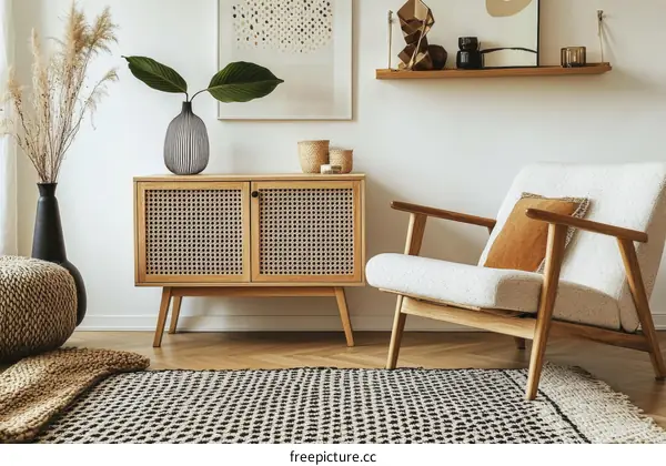 Modern Boho Living Room Decor Featuring Wooden Furniture