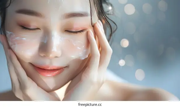 Asian Woman Applying Face Mask