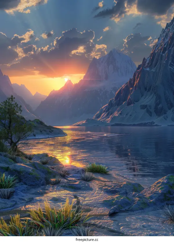 Majestic Sunset Over Mountains and Lake