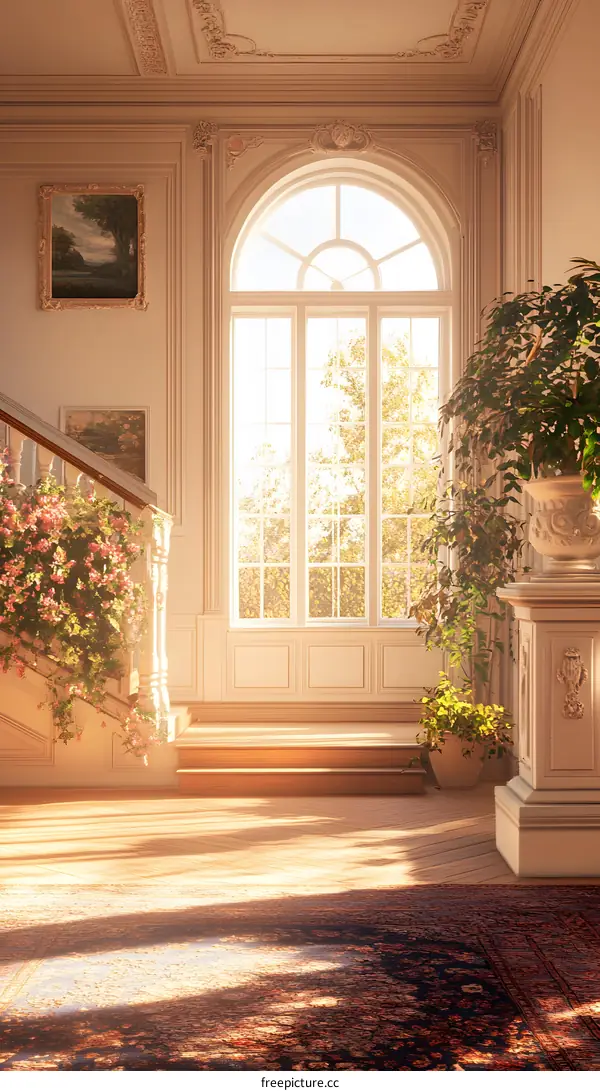 Sunlight Through The Arched Window In A Grand Staircase