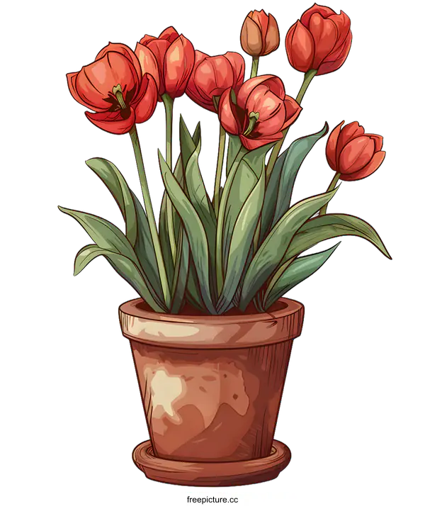[Transparent Background PNG]Red Tulips in a Clay Pot Illustration