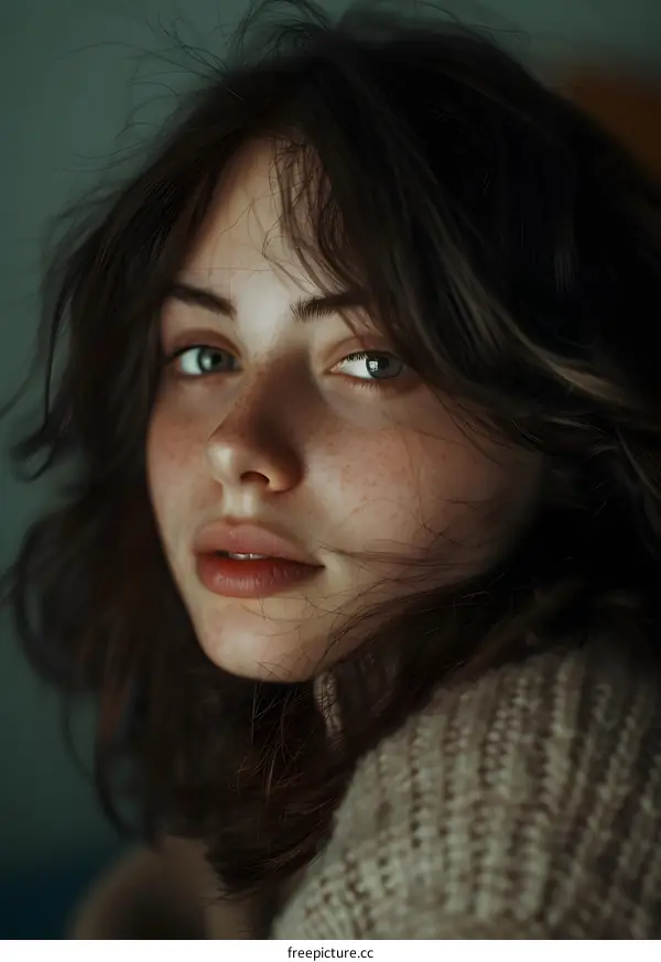 Close up Portrait of Young Woman with Freckles and Green Eyes