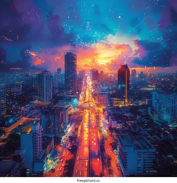 A bustling city street with skyscrapers and colorful lights at night