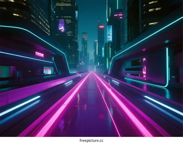 Futuristic Urban Night Scene with Neon Lights and High Rise Buildings